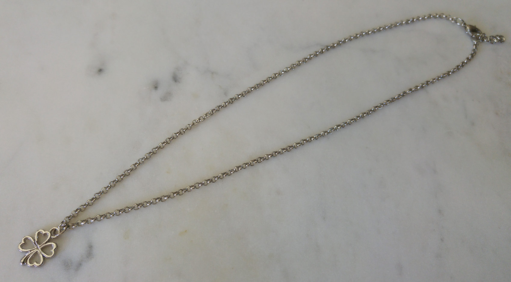 Halsband med antiksilverfärgad metallkedja och en antiksilverfärgad fyrklöver.